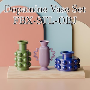 May include: A set of three decorative vases in green, purple, and blue. The green vase has a textured, bubble-like design. The purple vase has a ribbed texture with zig-zag handles. The blue vase has a bubble-like design. Text on the image reads "Dopamine Vase Set FBX-STL-OBJ."