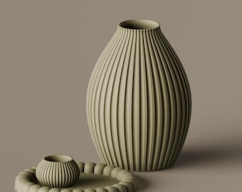 Minimalist Ribbed Decor STL Pack – 3D Printable Vase, Tray, Candle Holder (Digital Download)