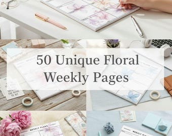 50 Floral Weekly Planner Pages Botanical Printable A4 US Letter PDF JPG