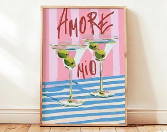 Pink Martini Wall Art Printable, Italian Cocktail Poster, Home Bar Decor, Digital Download