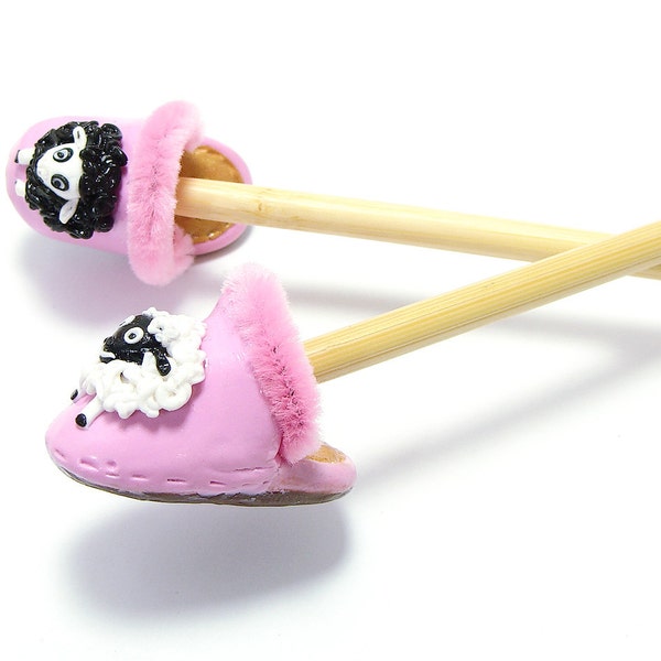 Knitting needles set point protectors cute pink slippers with sheeps