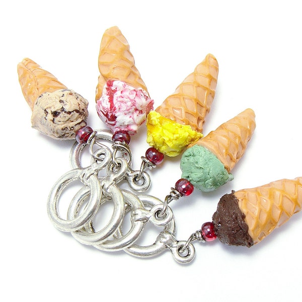 Knitting stitch markers set of five kinds of realistic ice creams in a waffle glass no snag