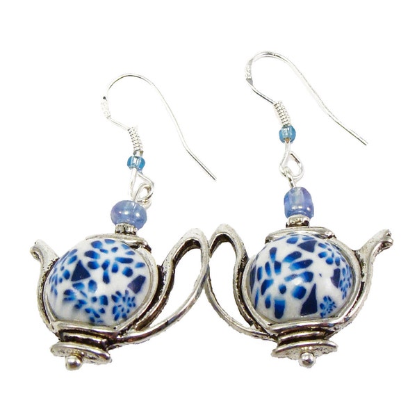 Teapot earrings delftware imitation white and blue polymer clay bead in a metal charm on sterling silver hook