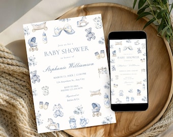 Toile de Jouy-uitnodiging babyshower: stoffig blauw, jongen (afdrukbare sjabloon)