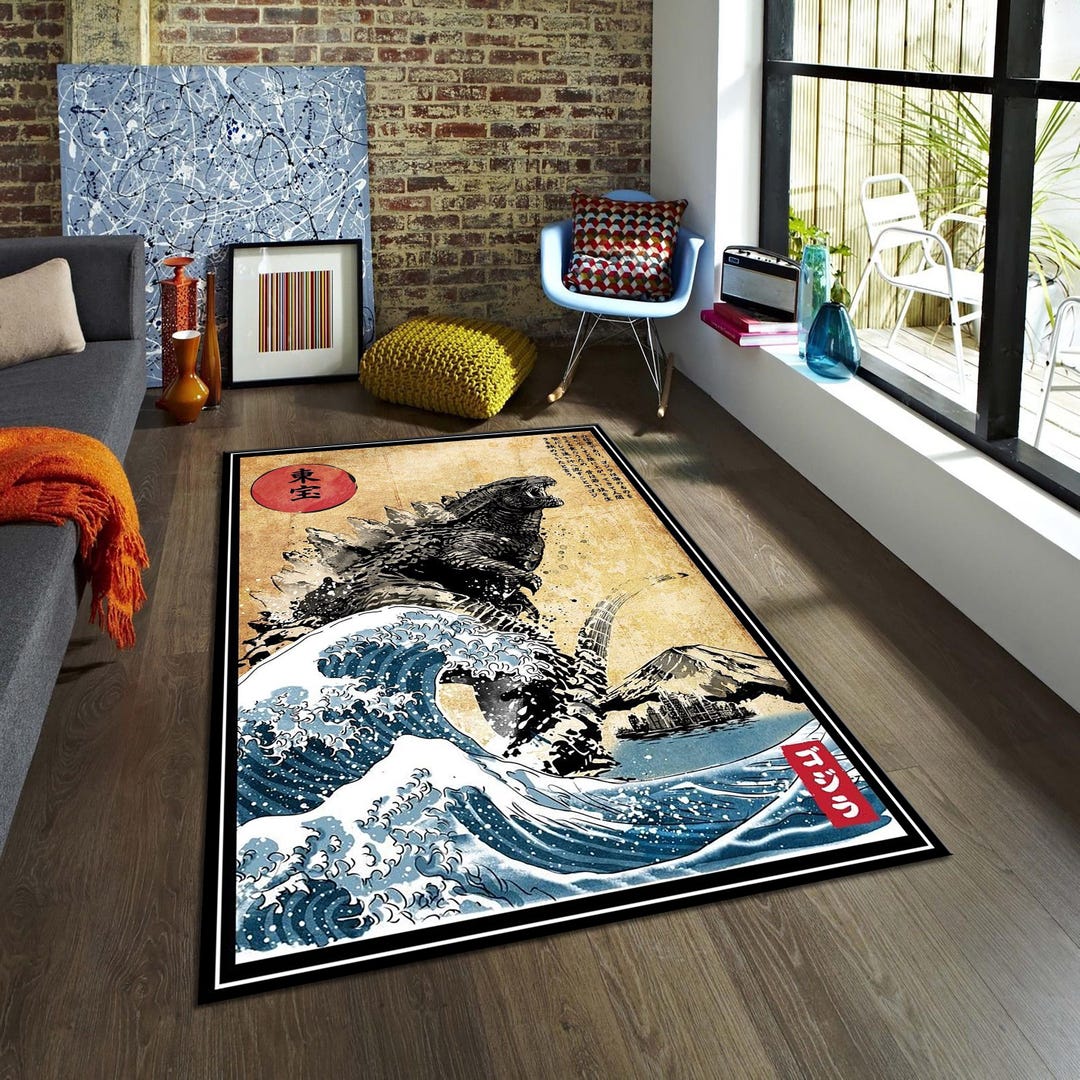 Godzilla Rug, Japanese Hokusai Rug, Modern Abstract Rug, Non-slip ...