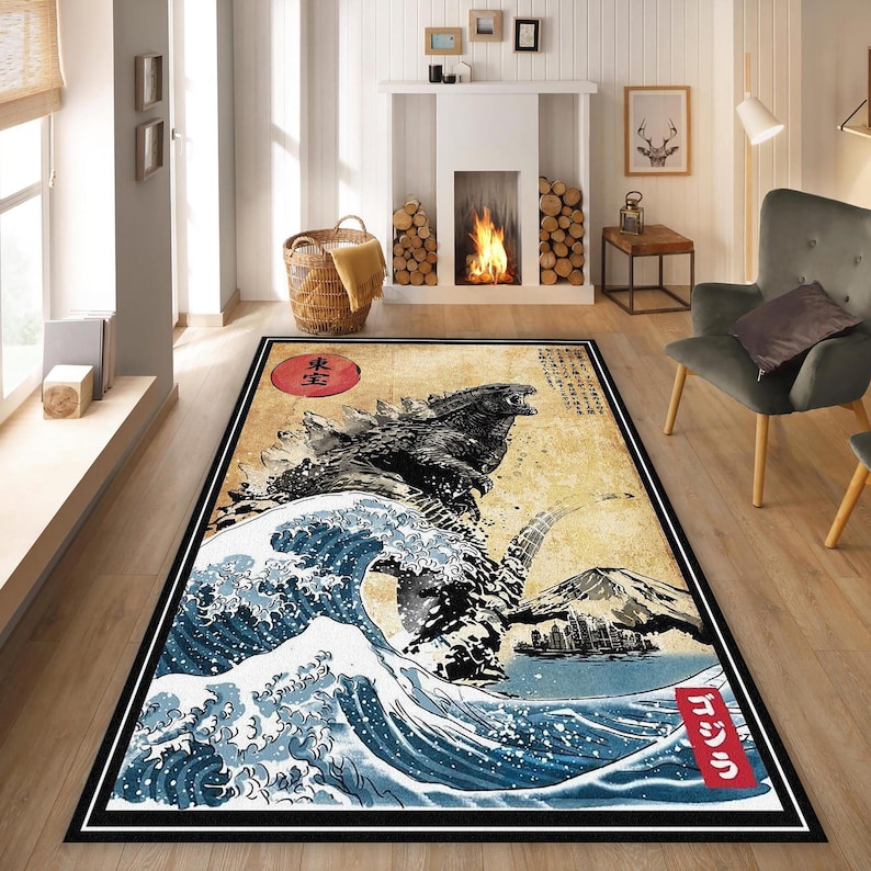 Godzilla Rug, Japanese Hokusai Rug, Modern Abstract Rug, Non-slip ...