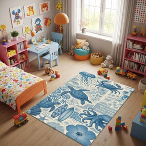 May include: A children's bedroom with a blue and white rug featuring sea creatures and surfboards. The room includes a bed, bookshelves, a desk, and colorful artwork on the walls. The rug has the text "GO WHERE YOU FEEL MOST ALIVE."