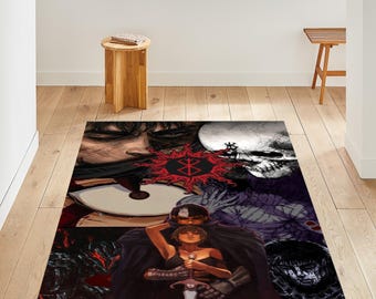 May include: A rectangular area rug featuring a collage of illustrations in shades of black, red, and white. The design includes a skull, a symbol, and figures from a manga series. The rug is placed on a wooden floor.