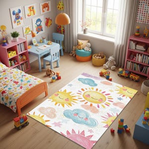 Könnte beinhalten: Kinderzimmer mit einem bunten Teppich mit lächelnden Sonnen, Wolken und Sternen. Das Zimmer umfasst ein Bett, Bücherregale, einen Schreibtisch und Kunstwerke. Das Farbschema ist hell und verspielt, mit orangefarbenen, rosa, blauen und gelben Akzenten.