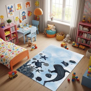 Op de afbeelding: Kinderslaapkamer met een blauw tapijt met een onderwaterlandschap met een walvishaai, zeeschildpad en zeesterren. De kamer heeft een bed, boekenplanken, een bureau en kleurrijke kunstwerken aan de muren.