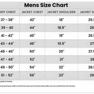 May include: A size chart for men's jackets, with measurements in inches. The chart includes sizes XS to 4XL, detailing body chest, jacket chest, shoulder, and sleeve lengths. The text at the bottom states that all dimensions are given in inches.