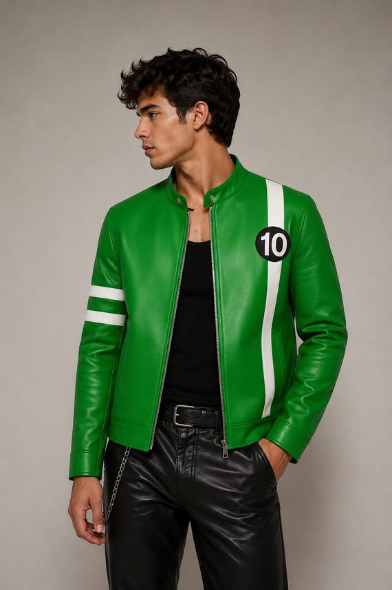Handmade Ben 10 Green Leather Jacket: Alien Swarm Cosplay Costume