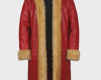 May include: A long, red coat with a hood and faux fur trim. The coat has a hood, cuffs, and a light brown faux fur trim along the front. The coat is made of a shiny, red material.