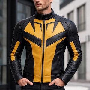 May include: Black and yellow leather jacket with a stand-up collar and a zip-up front. The jacket features yellow accents on the chest, shoulders, and sleeves. The model is wearing black jeans.
