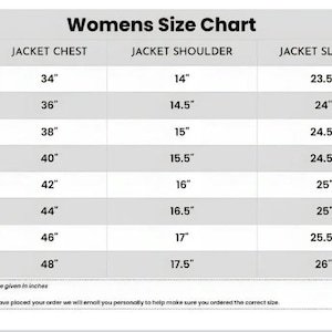 May include: A size chart for women's jackets, with measurements in inches. The chart includes sizes XS to 4XL, listing jacket chest, shoulder, and sleeve measurements. Text at the bottom states all dimensions are in inches.