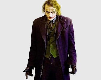 May include: A figure with messy green hair and white face makeup with red accents around the mouth. The figure wears a dark purple long coat over a green waistcoat, a dark shirt, a patterned tie, and dark trousers, paired with black gloves.