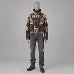 May include: A long-sleeve jacket featuring a brown, black, and tan geometric pattern with a high collar and an asymmetrical front zipper, paired with straight-leg charcoal gray denim jeans and black leather boots on a gray mannequin display.