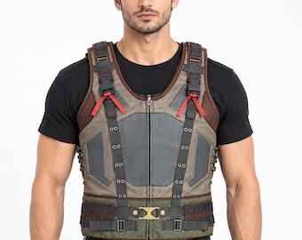 May include: A tactical-style vest featuring a grey and olive green colour scheme with a front zipper closure. The garment includes black vertical straps, red fabric accents, side lacing, and a central gold-toned buckle detail at the waist.