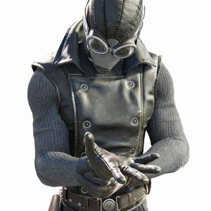May include: A black leather vest with four silver buttons, worn over a gray knit sweater. The person is wearing a black leather helmet with goggles and black gloves. A brown belt with a silver buckle is also visible.