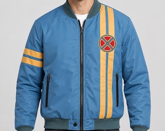 May include: A blue bomber jacket featuring two vertical yellow stripes on the left side, a circular red and yellow X-Men logo emblem, and two horizontal yellow stripes on the right sleeve. The jacket has a dark teal ribbed collar, cuffs, and hem.