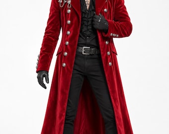 May include: A long, deep red velvet coat featuring silver-toned buttons, epaulets, and a decorative silver chain detail on the chest. The coat is worn over a black ruffled shirt, black trousers, a black belt, black gloves, and black boots.