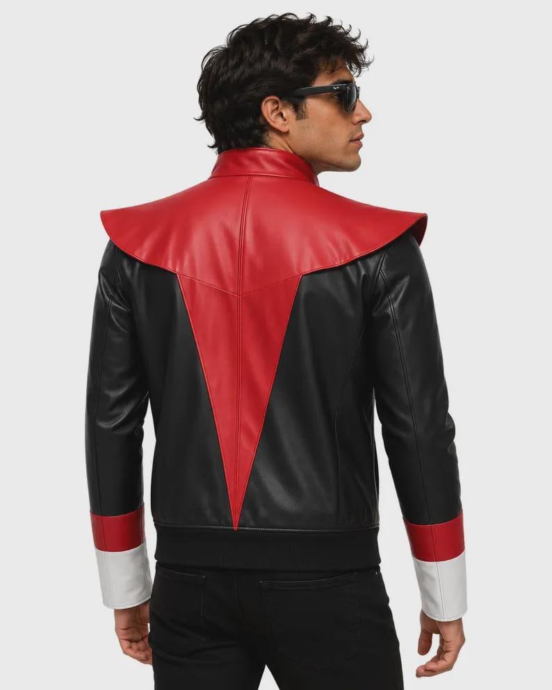 May include: A black leather jacket featuring a prominent red V-shaped panel across the upper back and shoulders. The sleeves are black with red and white horizontal bands at the cuffs. The jacket has a stand-up collar and a black ribbed hem.
