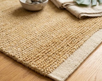 Handgeknüpfter Hanf-Wollteppich - Senfgoldener strukturierter Naturfaserteppich