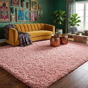 May include: A soft, light pink shag rug on a dark wood floor. A mustard yellow sofa with a patterned throw is against a green wall with framed art. Two copper-coloured side tables and a coffee table are in the room.