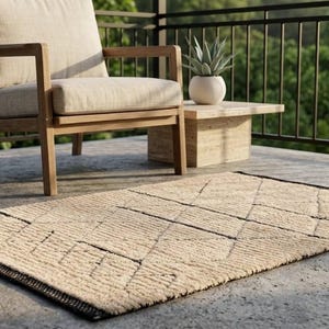 Tulu Wool Rug, Beige Black Diamond Lattice, Handmade 100% Wool Moroccan Berber Area Rug, Modern Geometric Home Decor