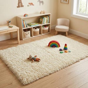 Ivory New Zealand Wool Shaggy Rug, Plush Soft Modern Minimalist Home Decor
