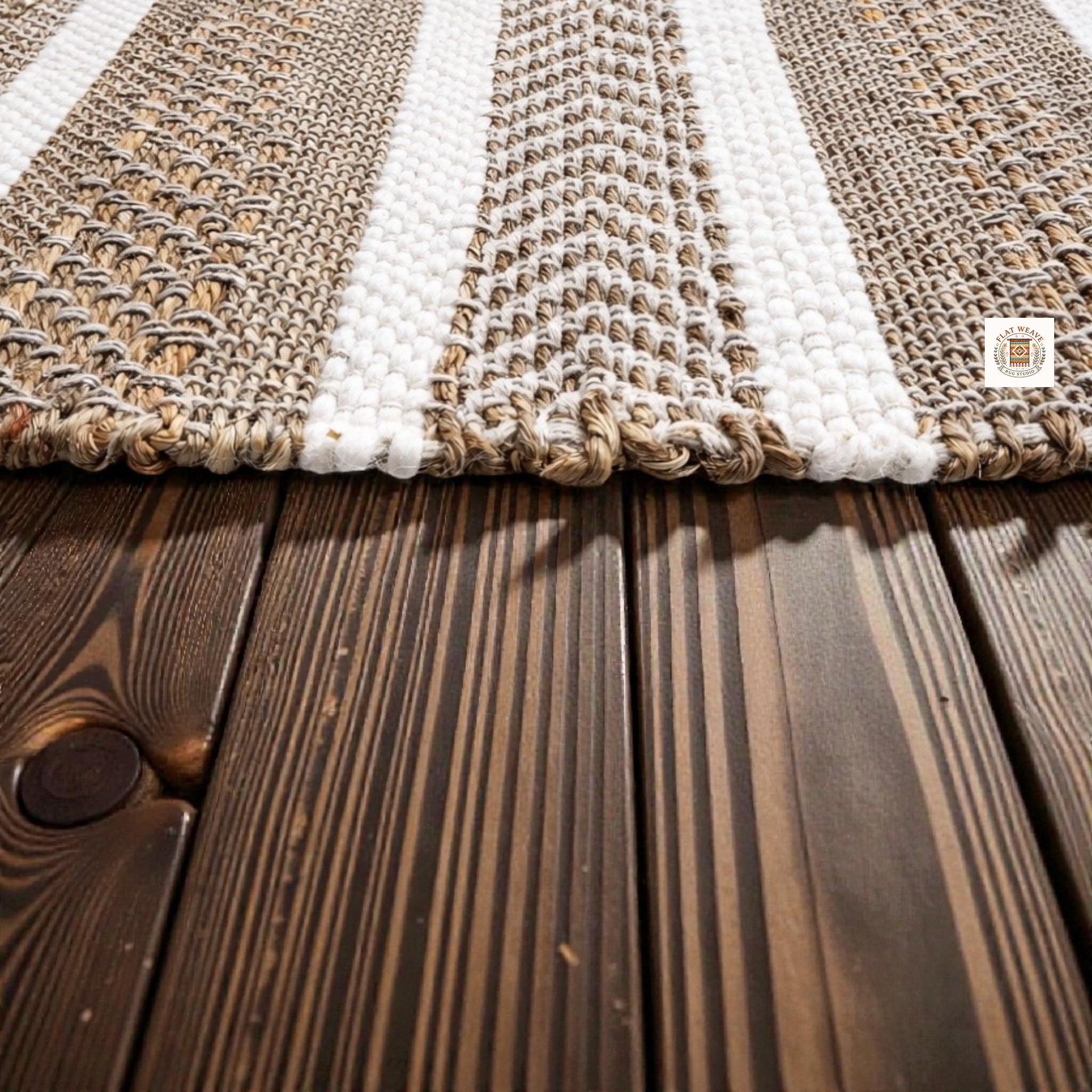 Handwoven Jute Wool Striped Area Rug, Natural Neutral Coastal Farmhouse ...