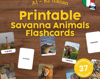 Italian Savanna Animals Flashcards for Kids Printable Montessori Italian Vocabulary Cards
