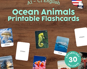 Ocean Animals Flashcards for Kids Printable Montessori ESL Vocabulary Cards
