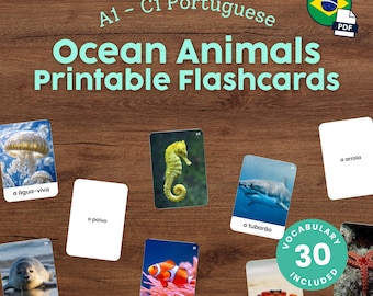 Printable Portuguese Ocean Animals Flashcards for Kids Montessori Flashcards for Homeschool Language Learning