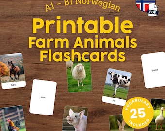 Printable Norwegian Flashcards for Kids Farm Animals Vocabulary in Norwegian Montessori Flashcards for Homeschool Language Learning