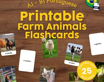 Printable Portuguese Flashcards for Kids Farm Animals Vocabulary in Portuguese Montessori Flashcards for Homeschool Language Learning