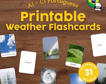 Printable Portuguese Weather Flashcards for Kids Montessori Flashcards for Homeschool Language Learning