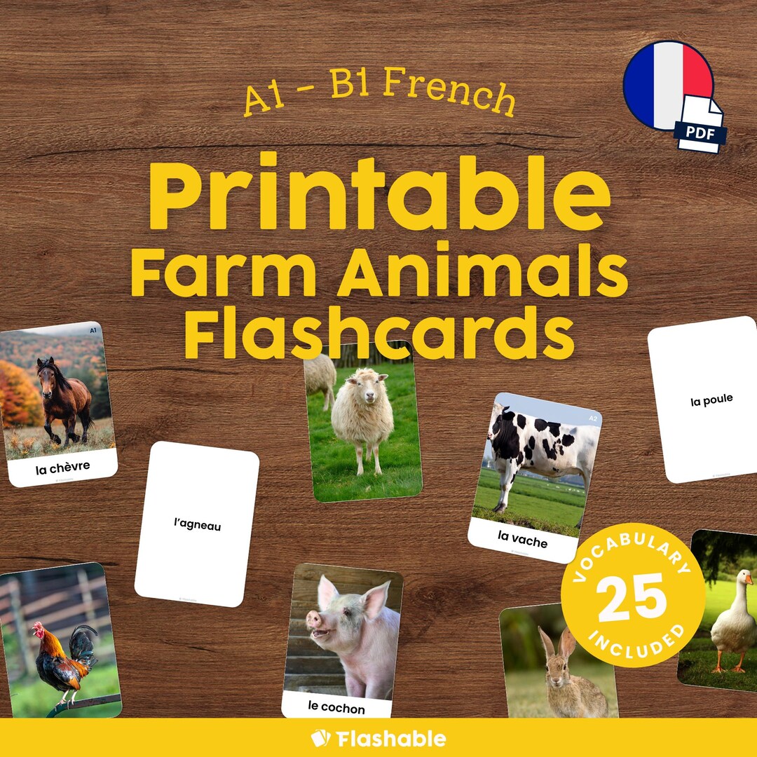 Printable French Flashcards for Kids Farm Animals Vocabulary in French ...