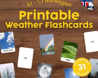 Printable Norwegian Flashcards for Kids Weather Vocabulary in Norwegian Montessori Flashcards for Homeschool Language Learning