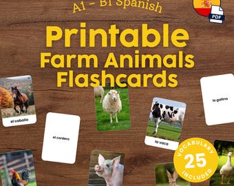 Spanish Farm Animals Flashcards for Kids Printable Montessori Spanish Vocabulary Cards