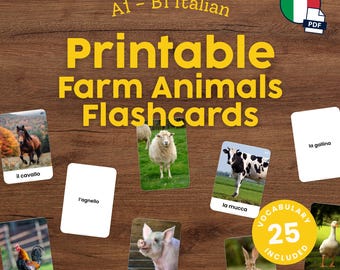 Printable Italian Flashcards for Kids Farm Animals Vocabulary in Italian Montessori Flashcards for Homeschool Language Learning