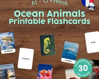 French Ocean Animals Flashcards for Kids Printable Montessori French Vocabulary Cards