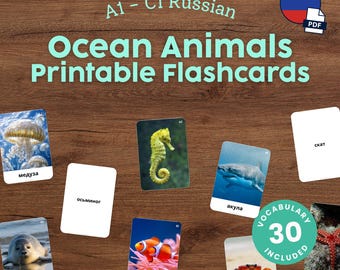 Russian Ocean Animals Flashcards for Kids Printable Montessori Russian Words Cards