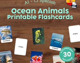 Spanish Ocean Animals Flashcards for Kids Printable Montessori Spanish Vocabulary Cards