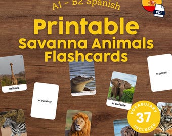 Spanish Savanna Animals Flashcards for Kids Printable Montessori Spanish Vocabulary Cards