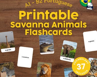 Portuguese Savanna Animals Flashcards for Kids Printable Montessori Spanish Vocabulary Cards