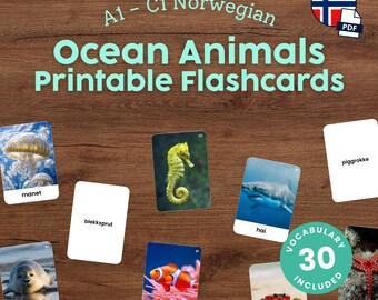 Printable Norwegian Flashcards for Kids Ocean Animals Vocabulary in Norwegian Montessori Flashcards for Homeschool Language Learning