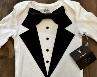 Introducing the New Style: Baby Boy Tuxedo - Perfect for Special Events and More! Complete with Bow Tie One-Piece