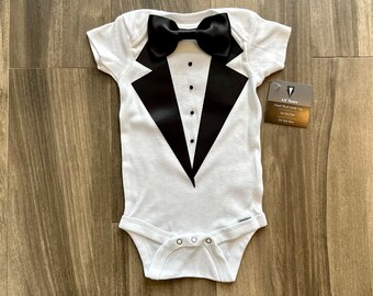 Baby Boys Tuxedo Shirt Top One Piece Suit Bow Tie Black Tie Formal