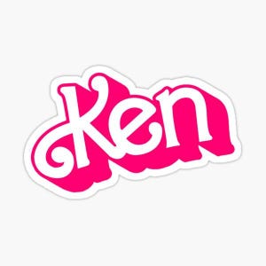 May include: A sticker with the name "Ken" in white, stylized text. The text is set against a bright pink, irregular-shaped background with a white border. The sticker is on a white background.